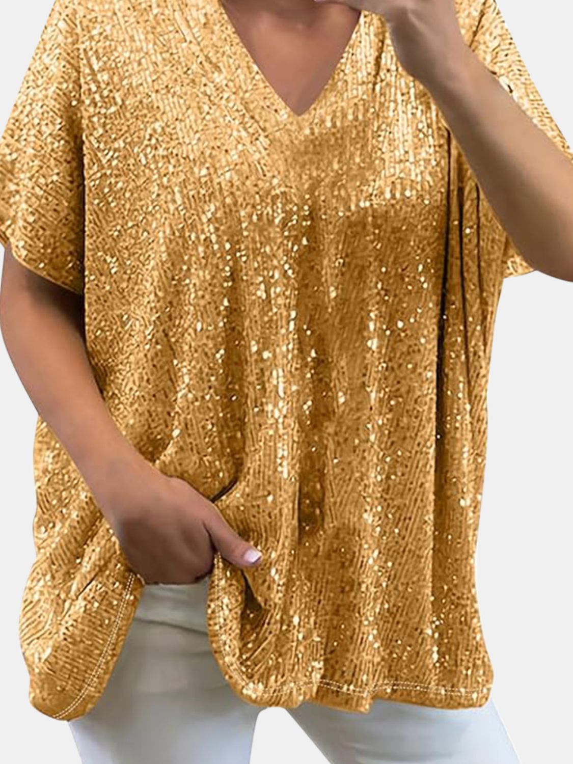 Full Size Sequin V-Neck Short Sleeve Top - MARIGOLD
