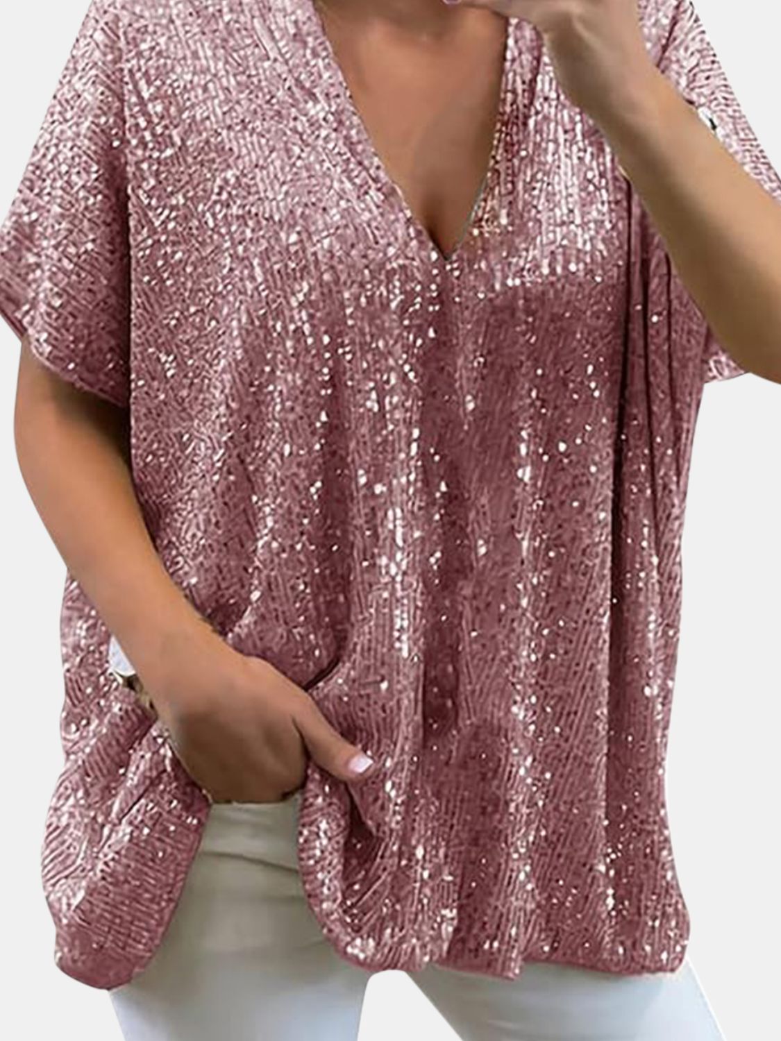 Full Size Sequin V-Neck Short Sleeve Top - MARIGOLD