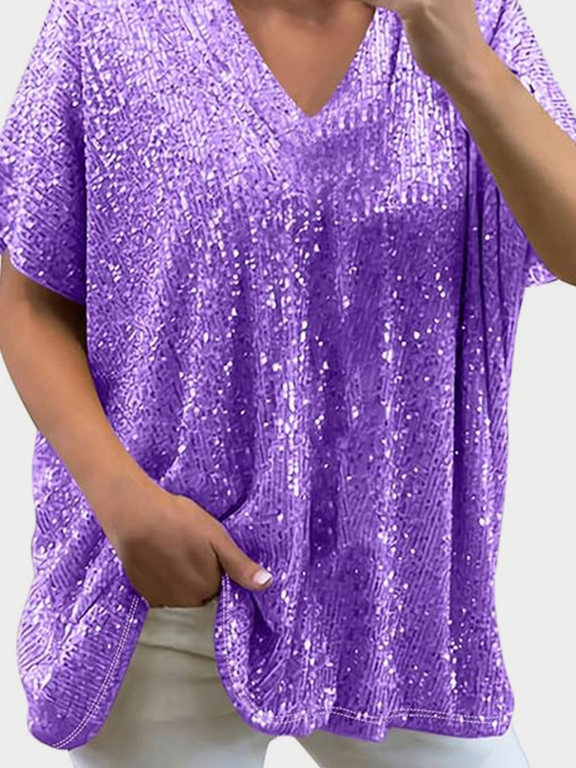 Full Size Sequin V-Neck Short Sleeve Top - MARIGOLD
