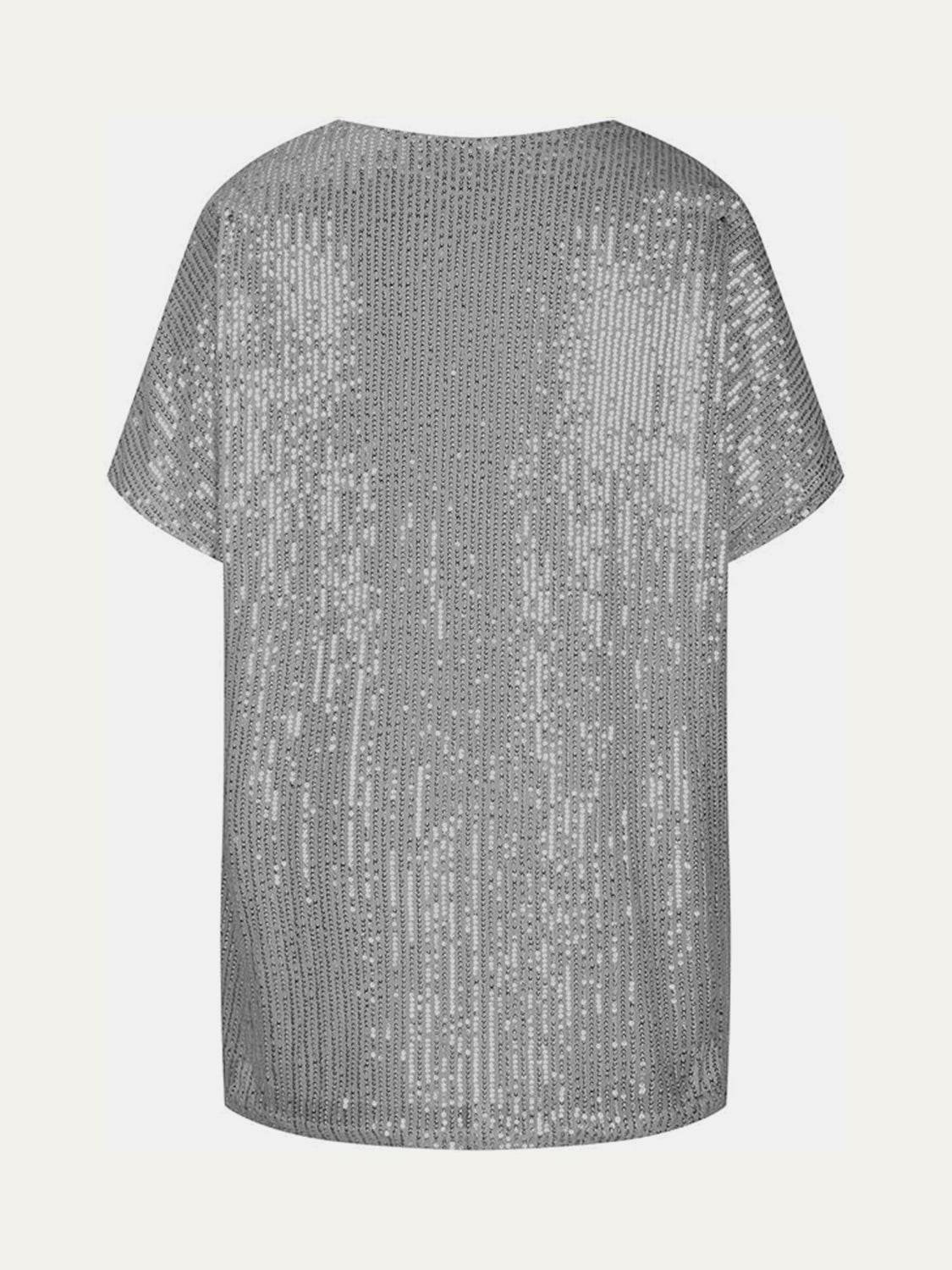 Dazzling Sequin V-Neck Short Sleeve Top - MARIGOLD