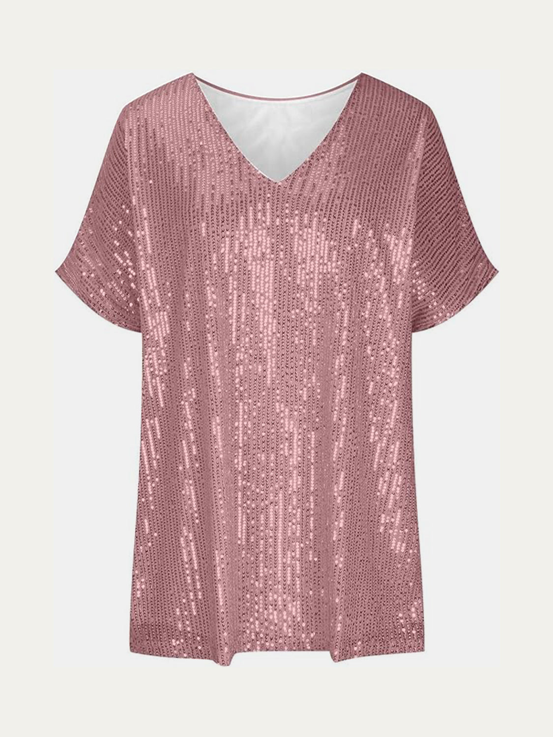 Full Size Sequin V-Neck Short Sleeve Top - MARIGOLD