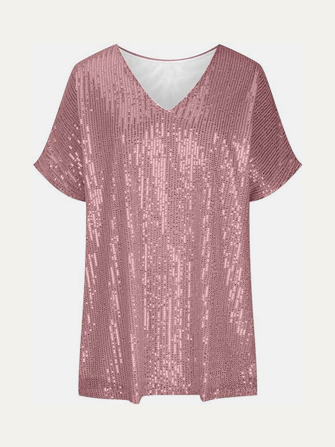 Dazzling Sequin V-Neck Short Sleeve Top - MARIGOLD