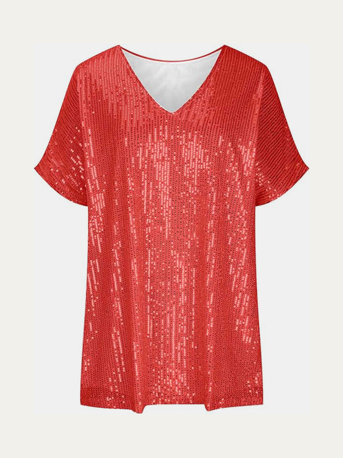 Full Size Sequin V-Neck Short Sleeve Top - MARIGOLD