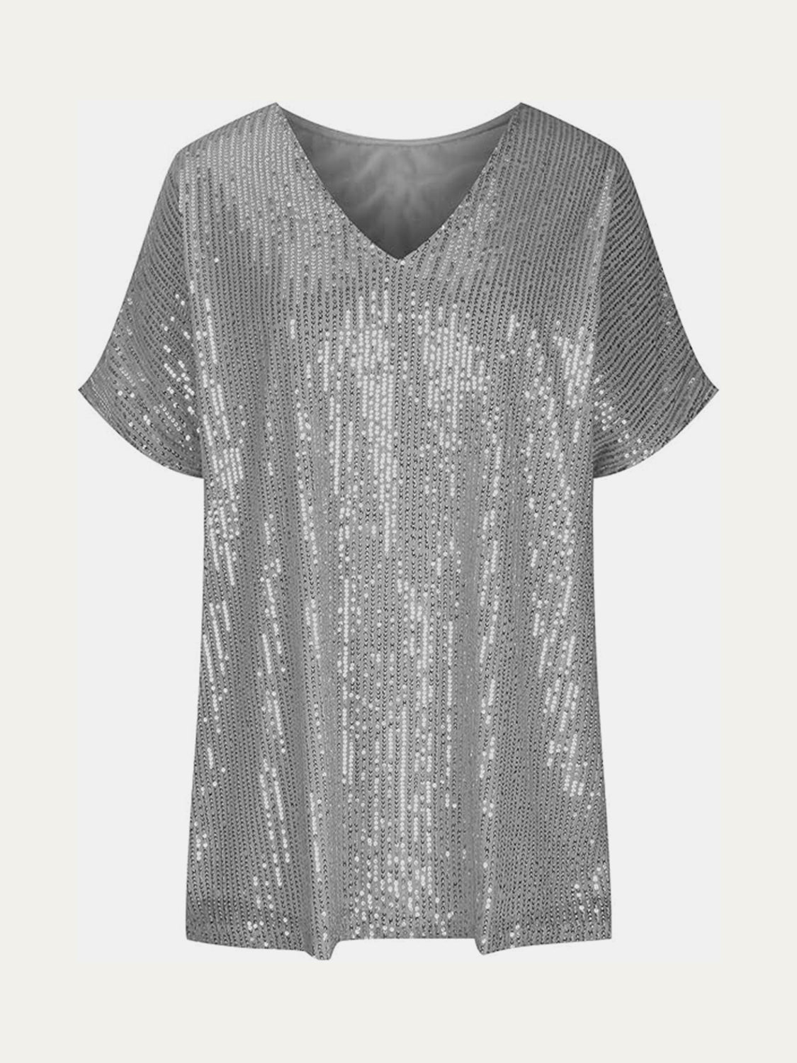 Full Size Sequin V-Neck Short Sleeve Top - MARIGOLD