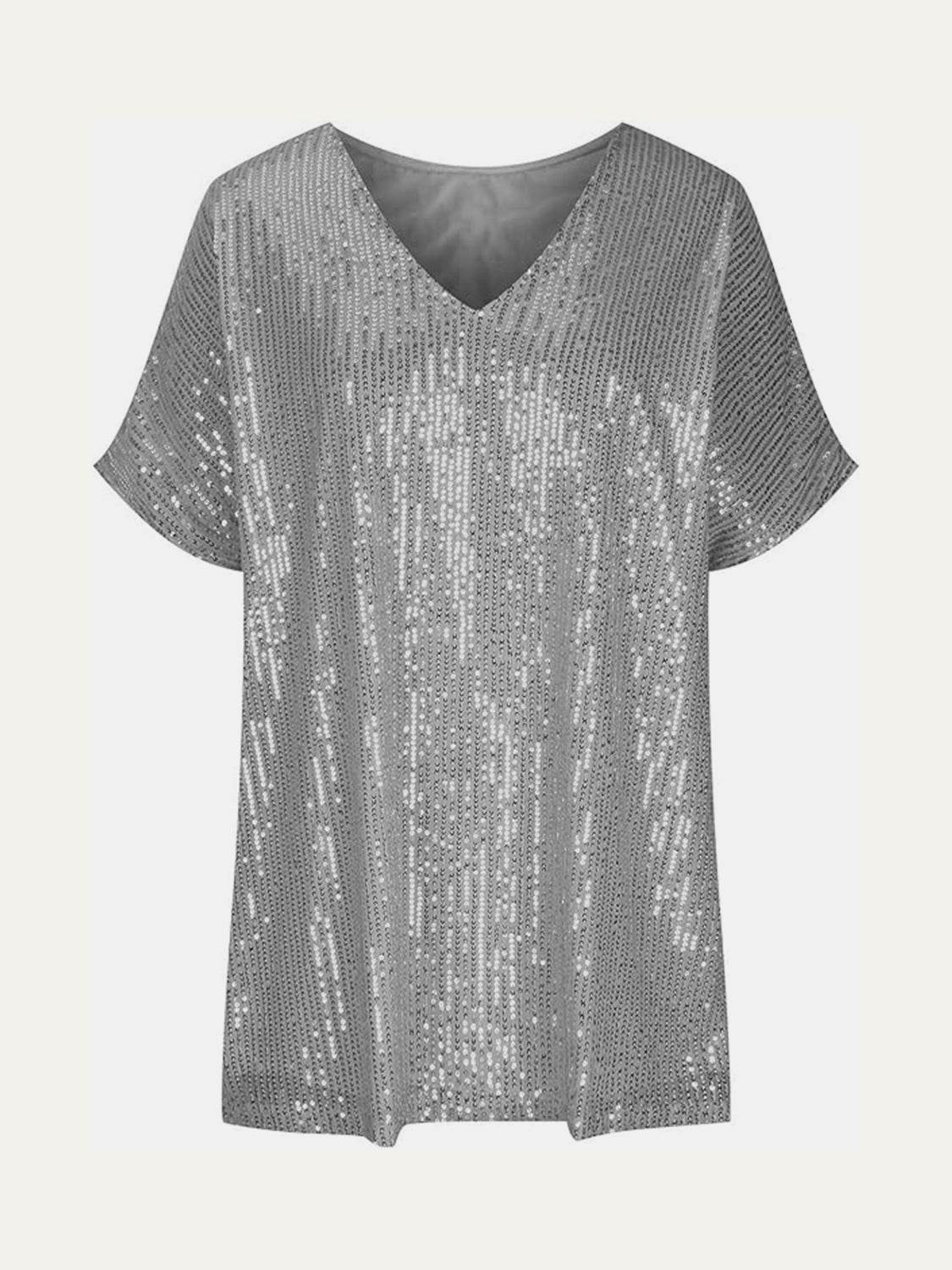 Dazzling Sequin V-Neck Short Sleeve Top - MARIGOLD
