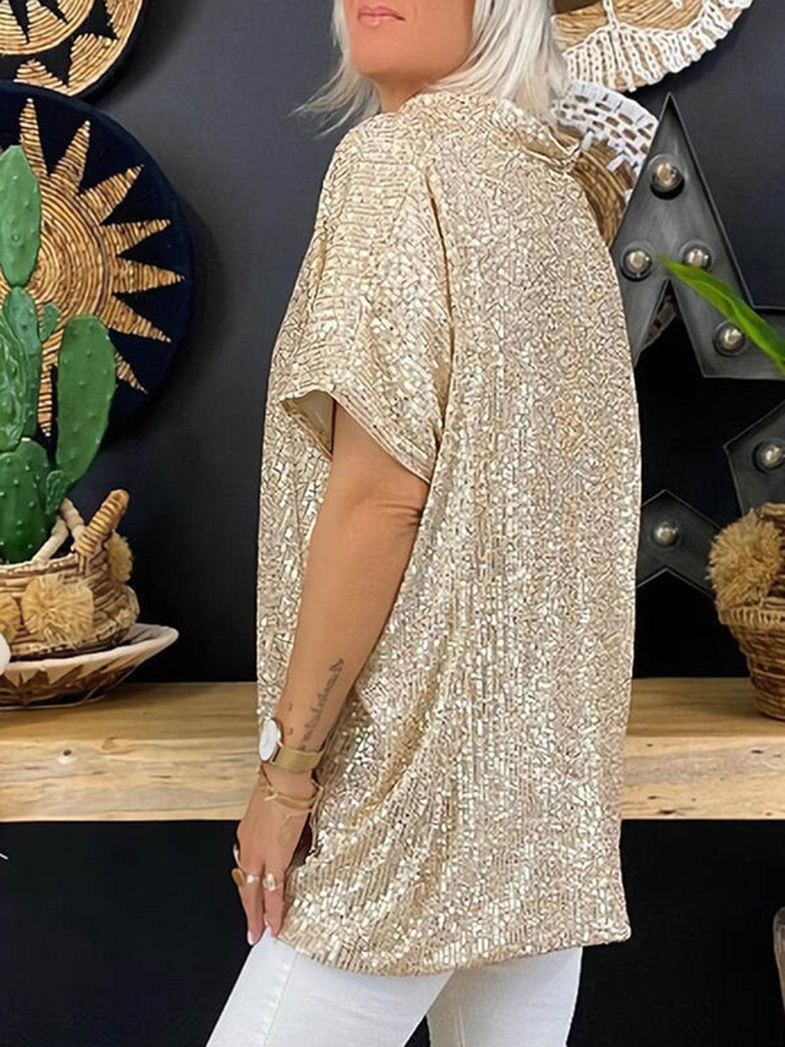 Dazzling Sequin V-Neck Short Sleeve Top - MARIGOLD