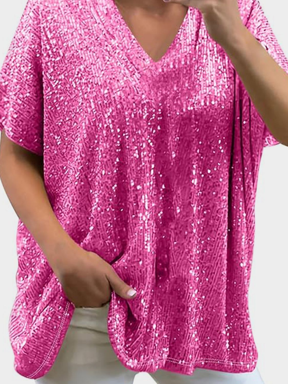 Full Size Sequin V-Neck Short Sleeve Top - MARIGOLD