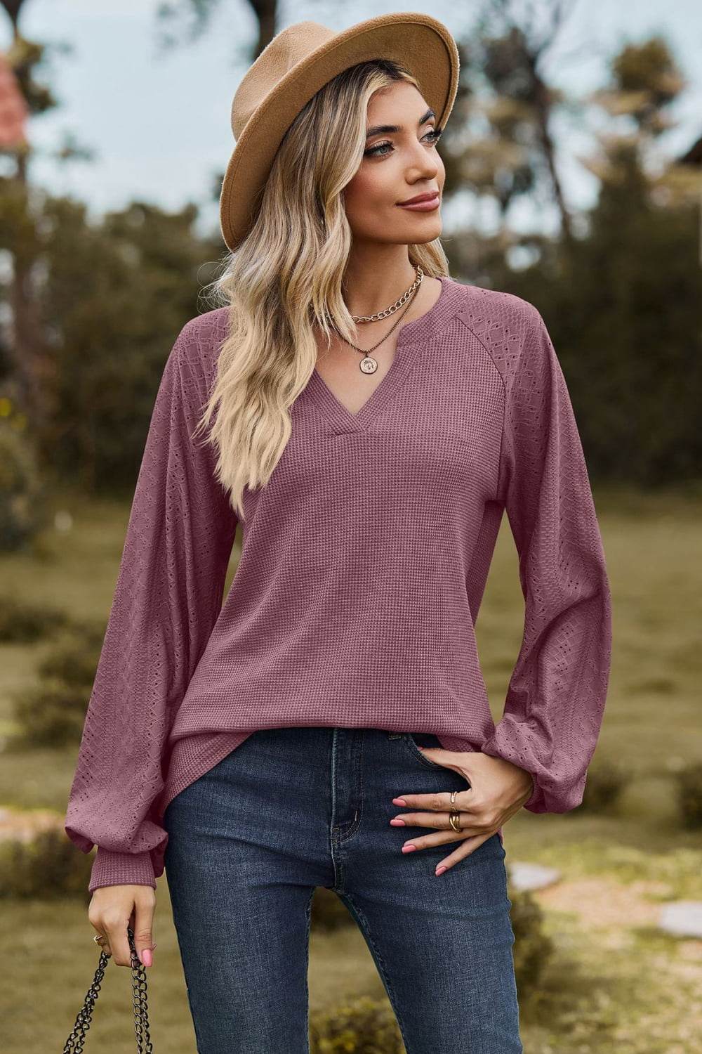 Notched Neck Raglan Sleeve Blouse - MARIGOLD
