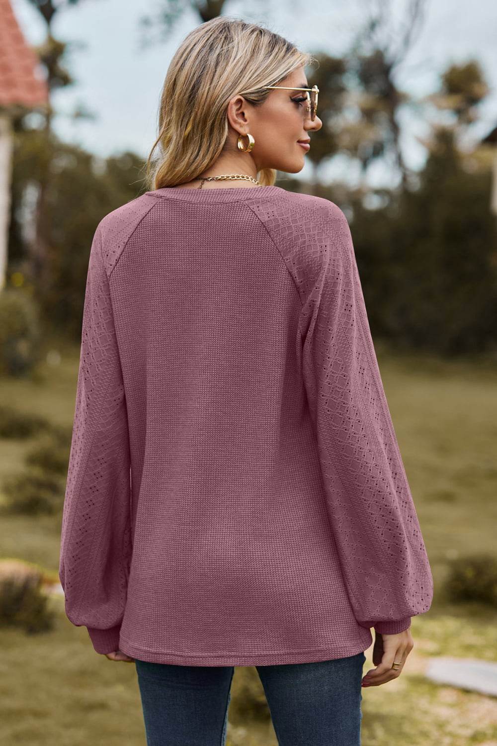 Notched Neck Raglan Sleeve Blouse - MARIGOLD
