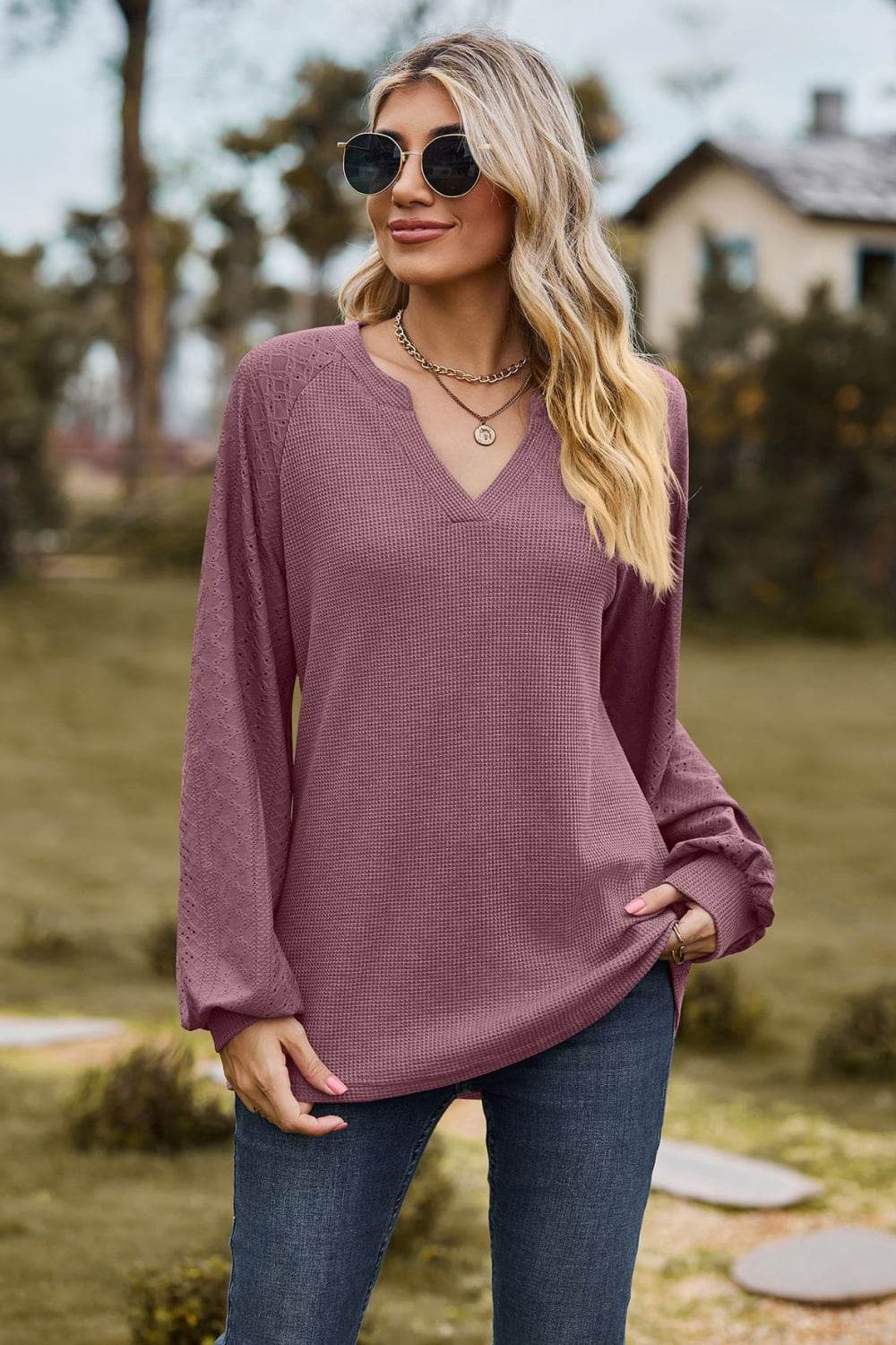 Notched Neck Raglan Sleeve Blouse - MARIGOLD