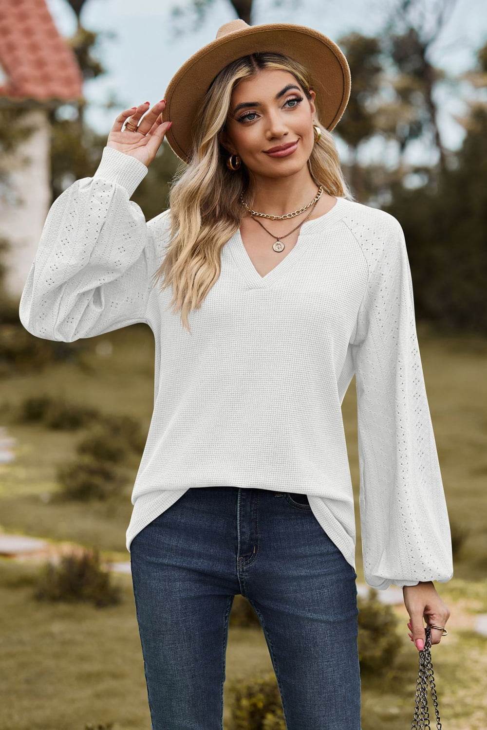 Notched Neck Raglan Sleeve Blouse - MARIGOLD