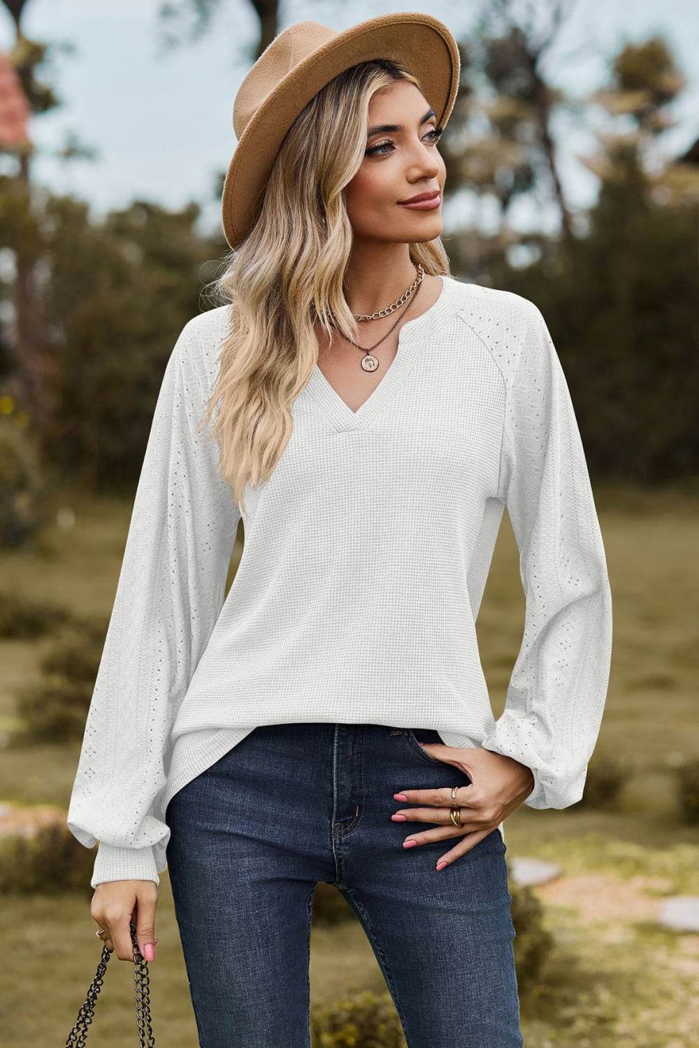 Notched Neck Raglan Sleeve Blouse - MARIGOLD