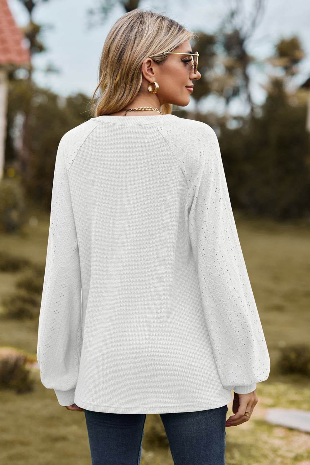 Notched Neck Raglan Sleeve Blouse - MARIGOLD