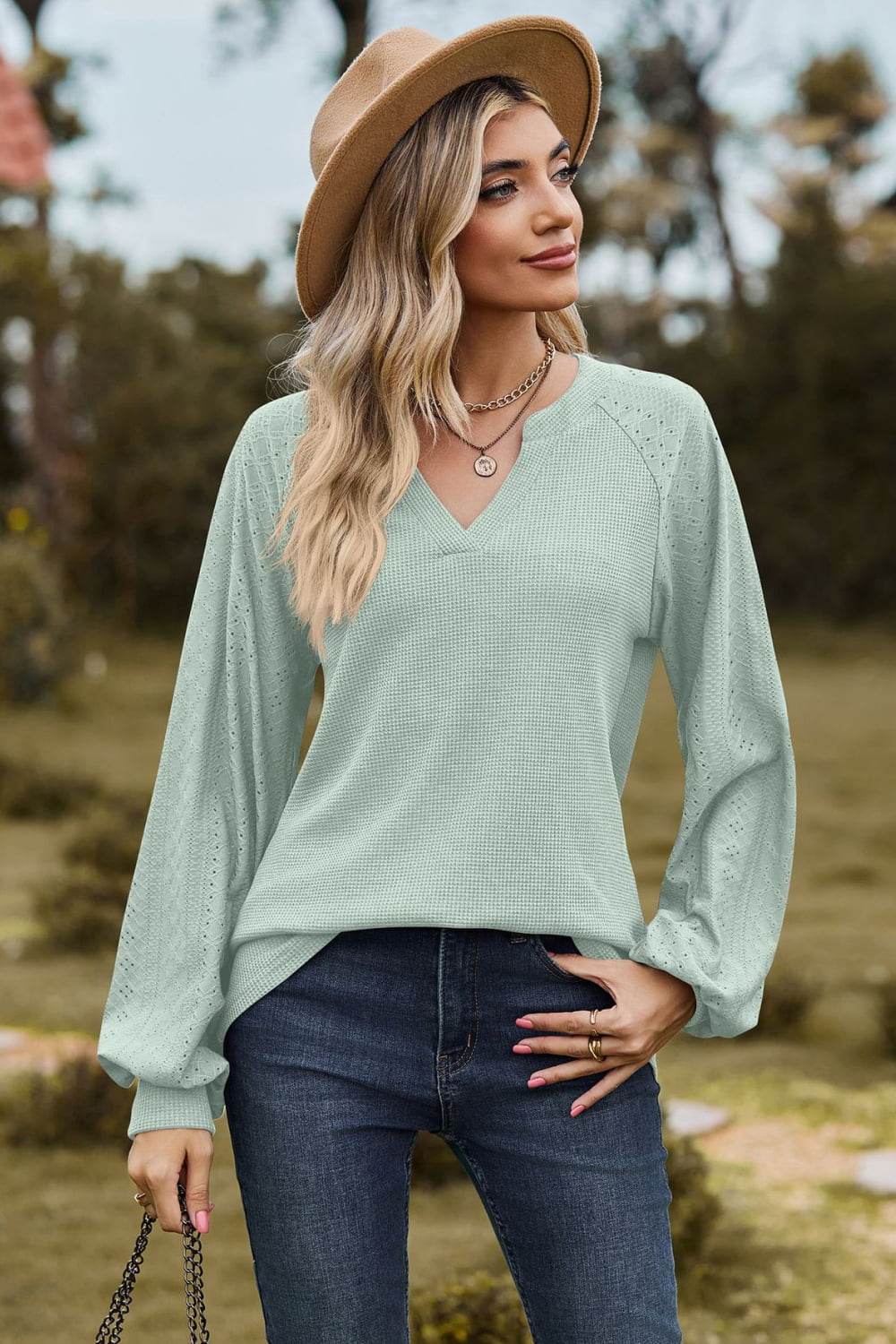 Notched Neck Raglan Sleeve Blouse - MARIGOLD