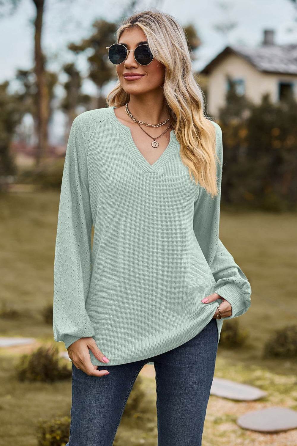 Notched Neck Raglan Sleeve Blouse - MARIGOLD