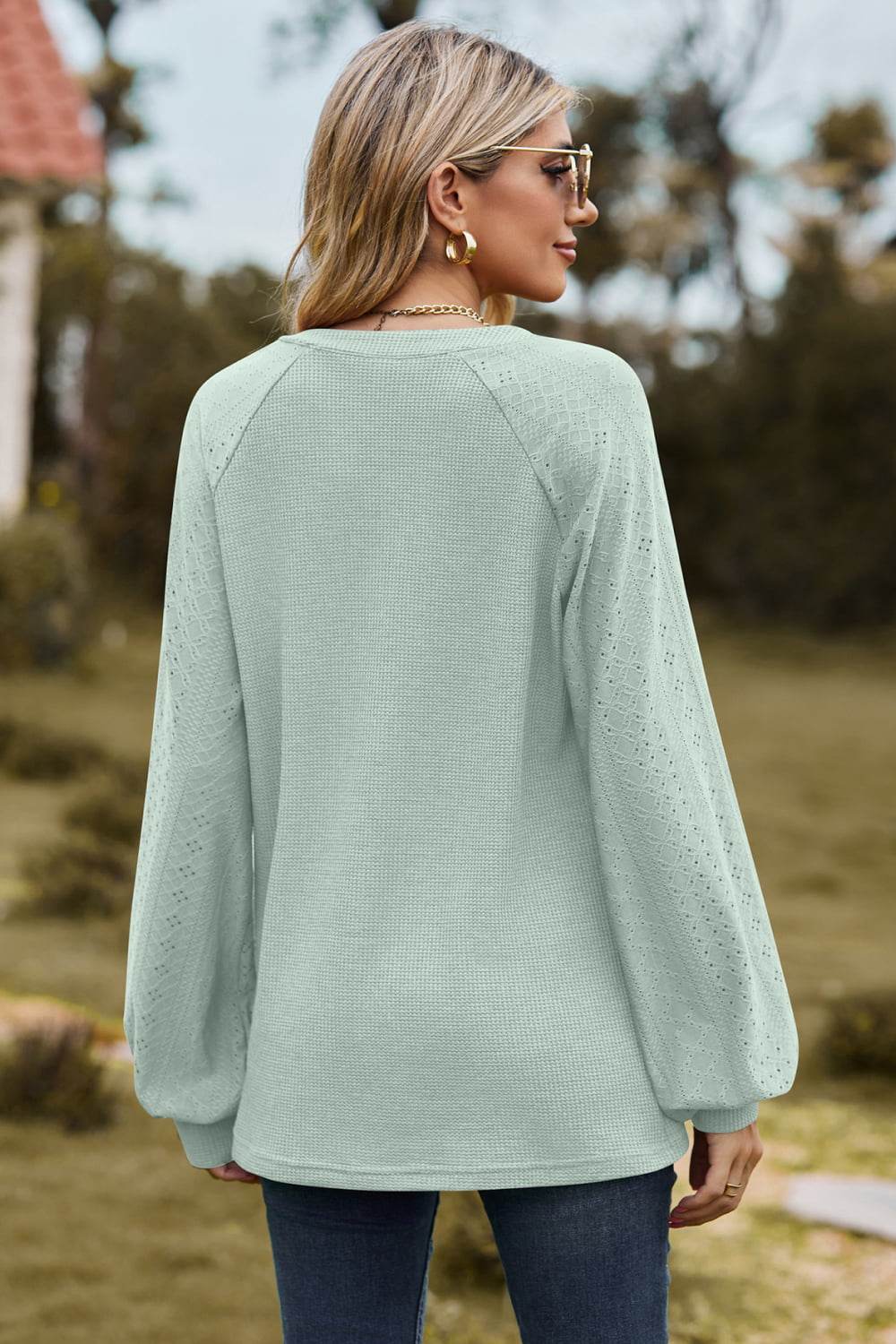 Notched Neck Raglan Sleeve Blouse - MARIGOLD