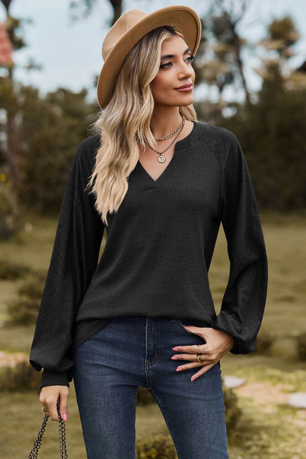 Notched Neck Raglan Sleeve Blouse - MARIGOLD