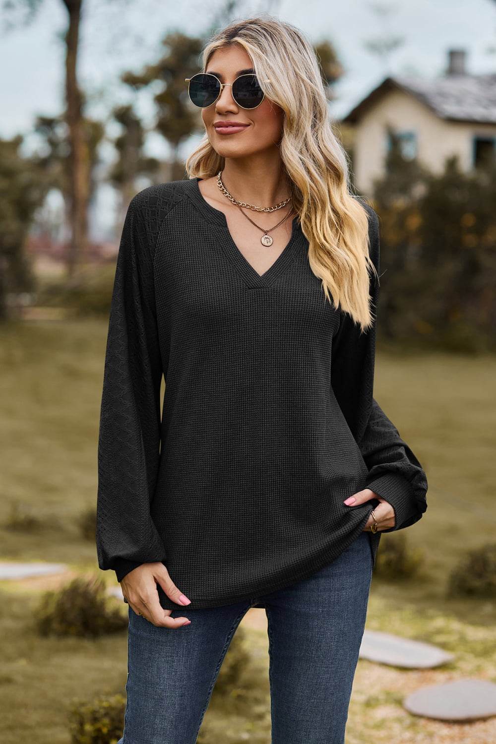 Notched Neck Raglan Sleeve Blouse - MARIGOLD