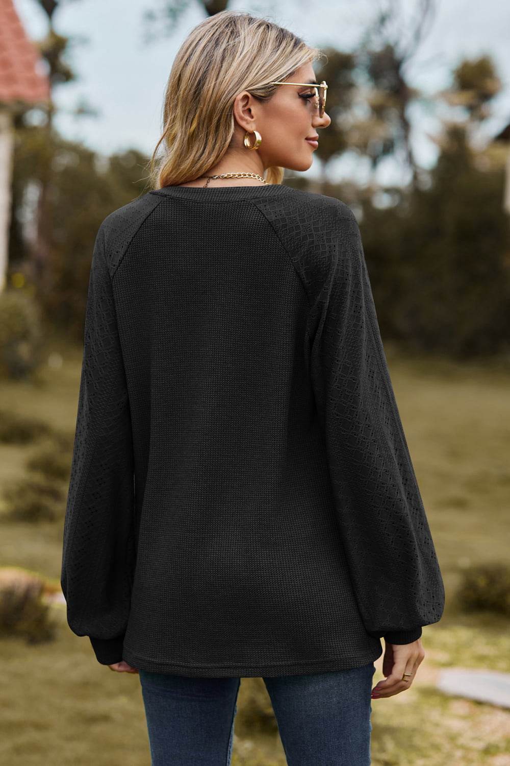 Notched Neck Raglan Sleeve Blouse - MARIGOLD