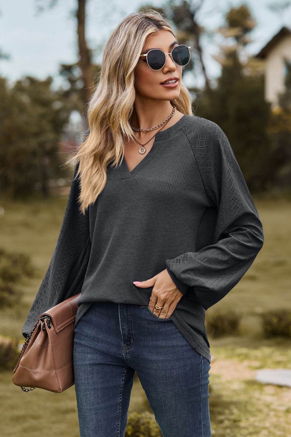 Notched Neck Raglan Sleeve Blouse - MARIGOLD