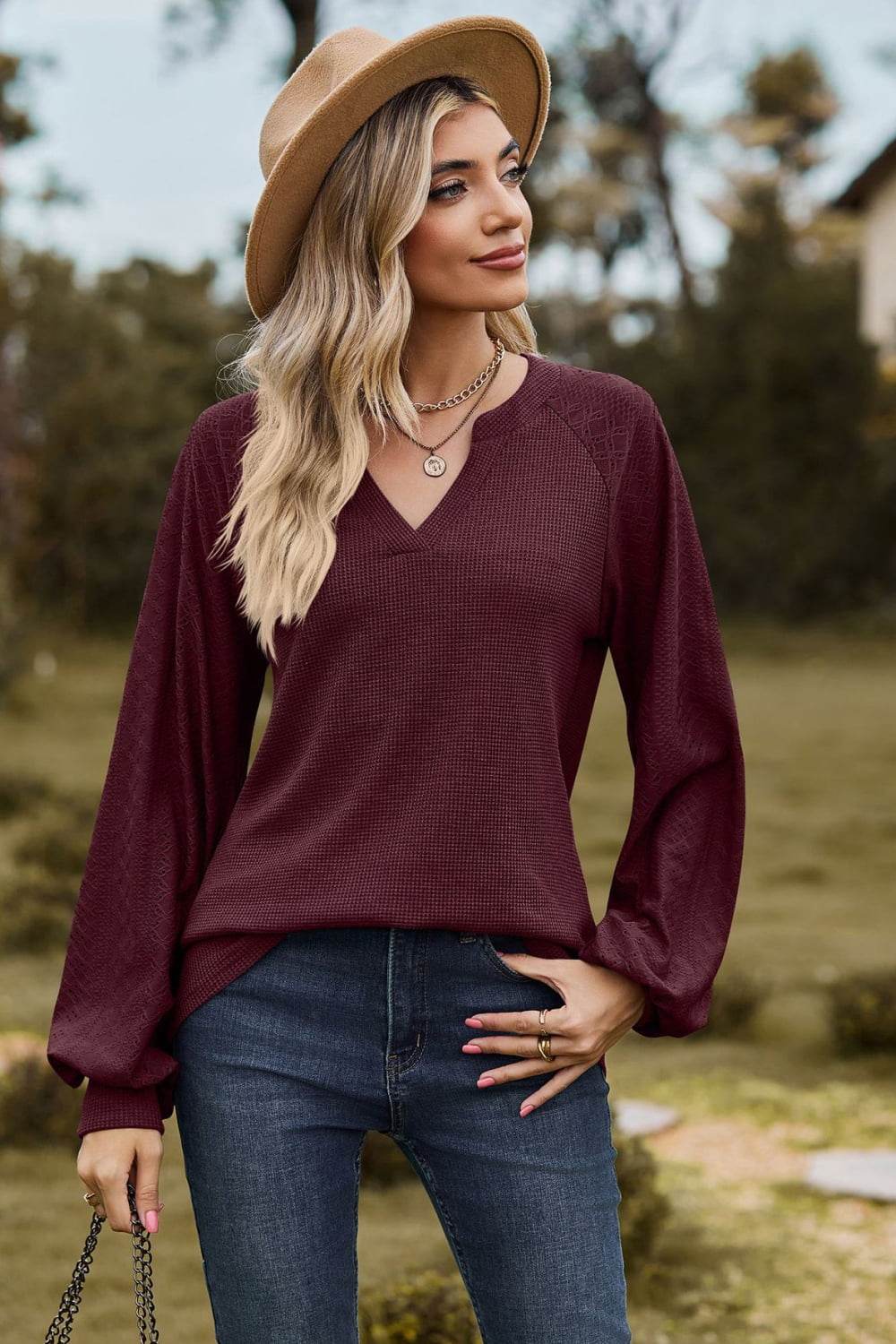 Notched Neck Raglan Sleeve Blouse - MARIGOLD