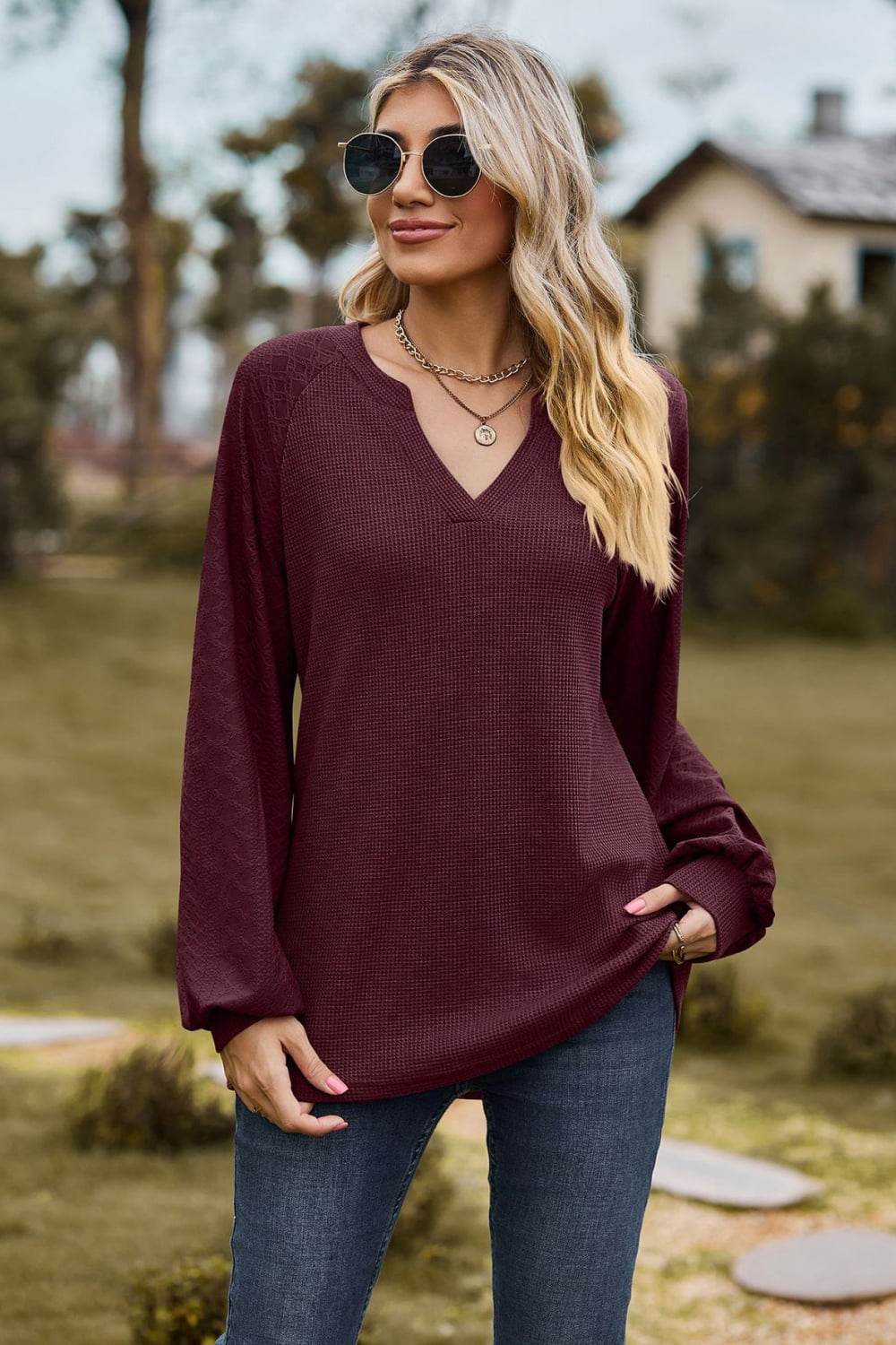 Notched Neck Raglan Sleeve Blouse - MARIGOLD