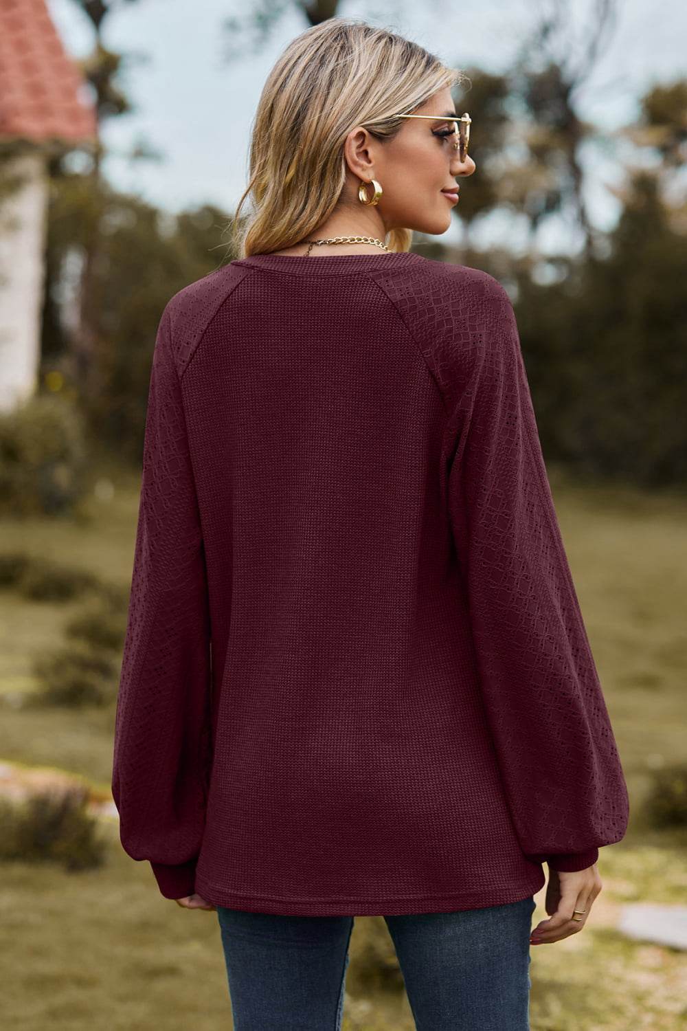 Notched Neck Raglan Sleeve Blouse - MARIGOLD