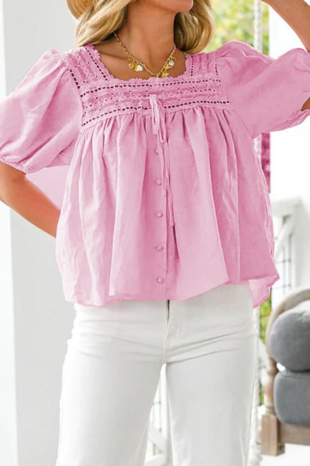 Pink Lace Trim Puff Sleeve Square Neck Blouse - MARIGOLD