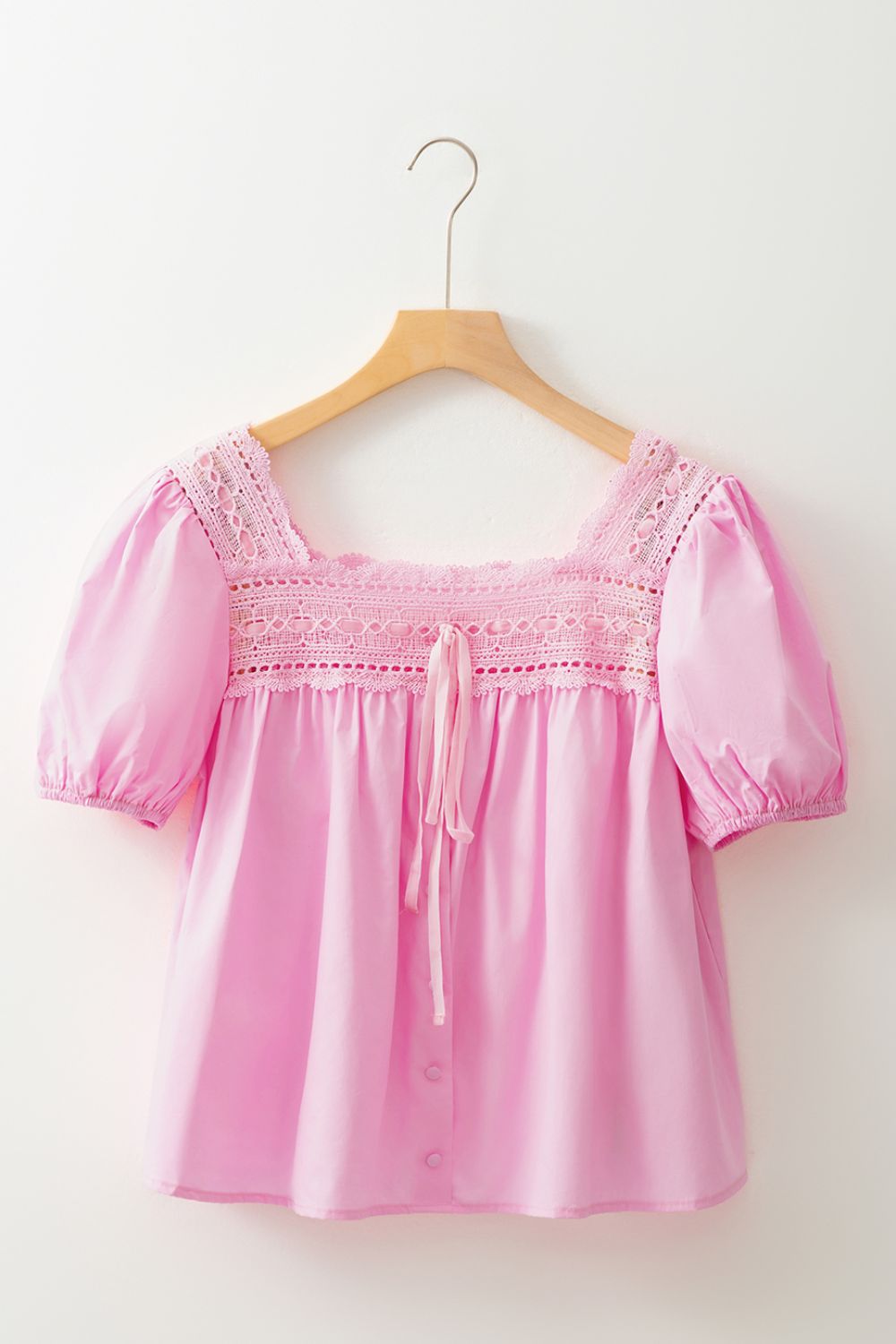 Pink Lace Trim Puff Sleeve Square Neck Blouse - MARIGOLD