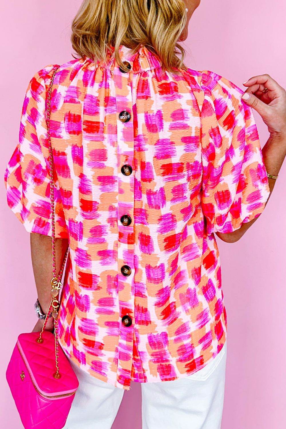 Abstract Print Ruffled Mock Neck Blouse with Button Back - MARIGOLD