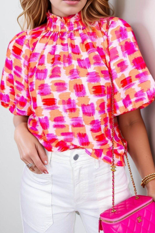 Abstract Print Ruffled Mock Neck Blouse with Button Back - MARIGOLD