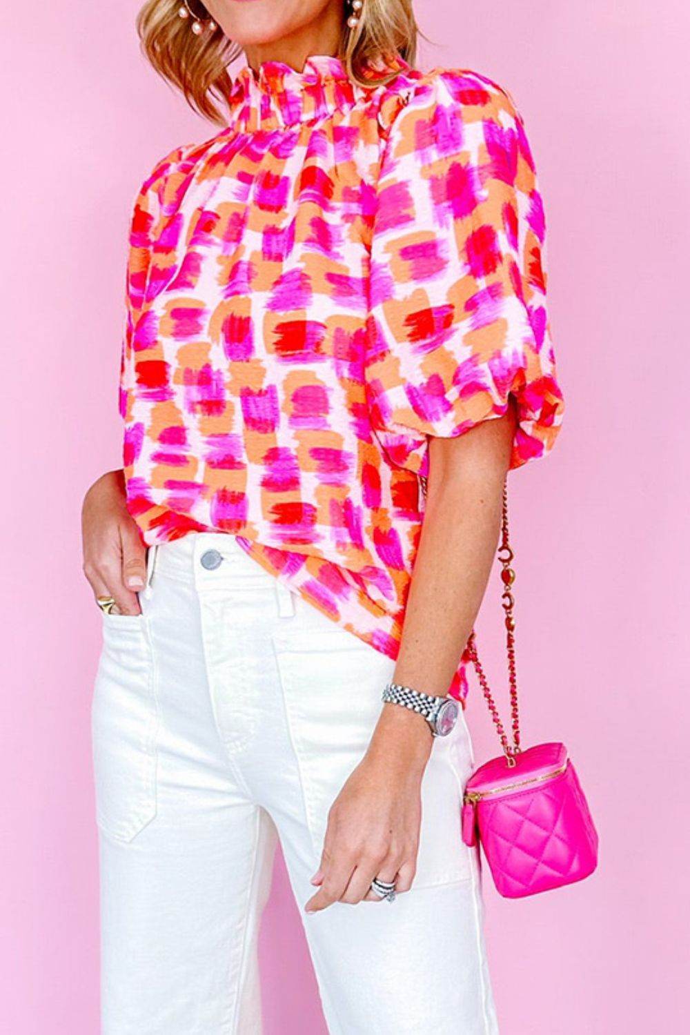 Abstract Print Ruffled Mock Neck Blouse with Button Back - MARIGOLD