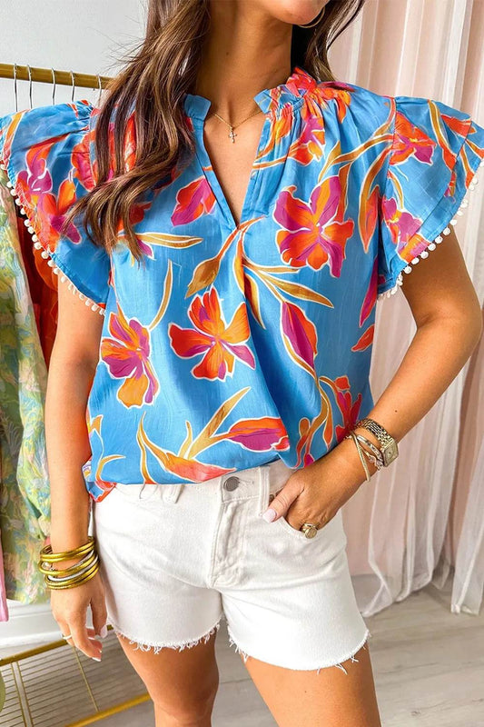 Floral Print Pompom Trim Flutter Sleeve Blouse - MARIGOLD