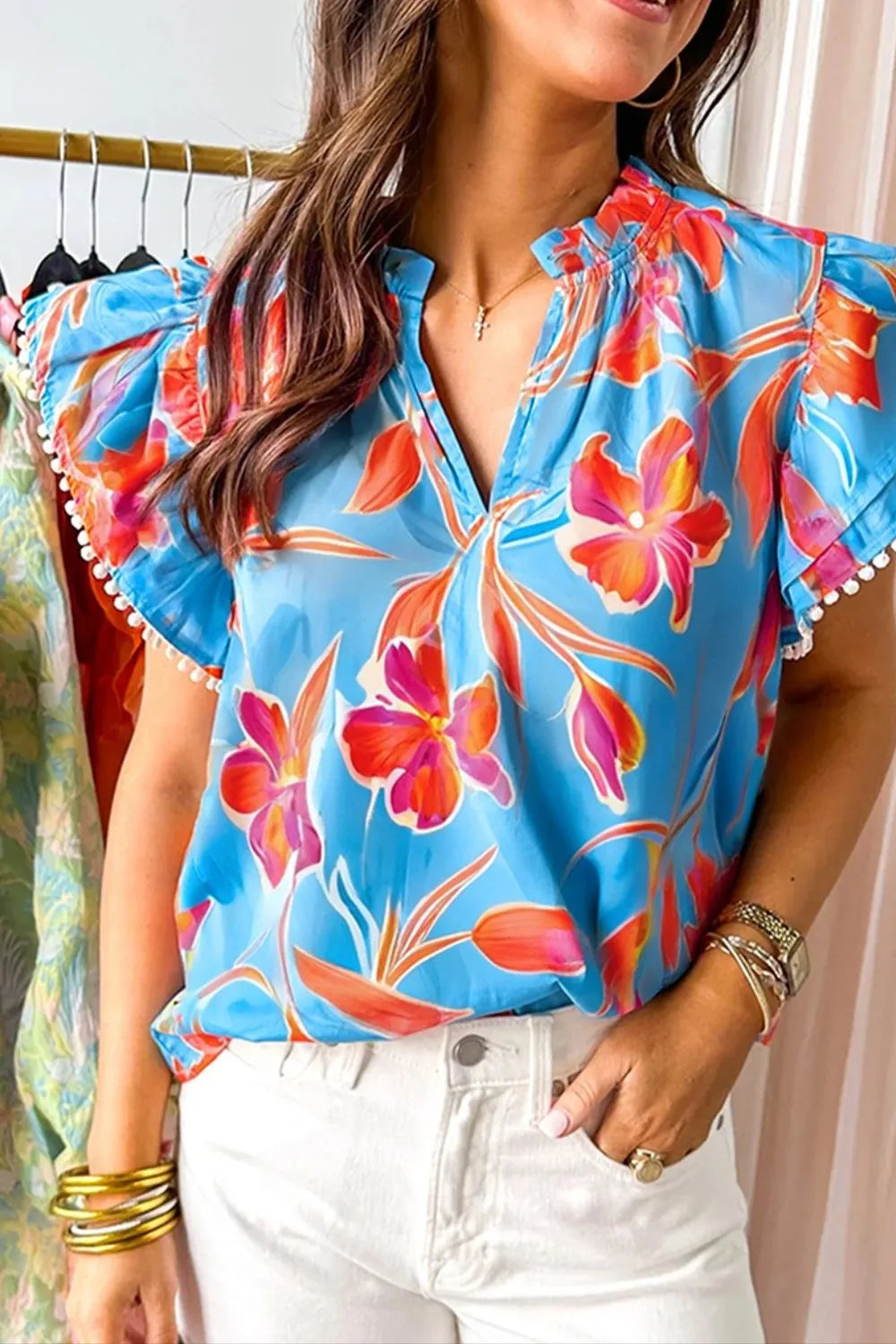 Floral Print Pompom Trim Flutter Sleeve Blouse blue