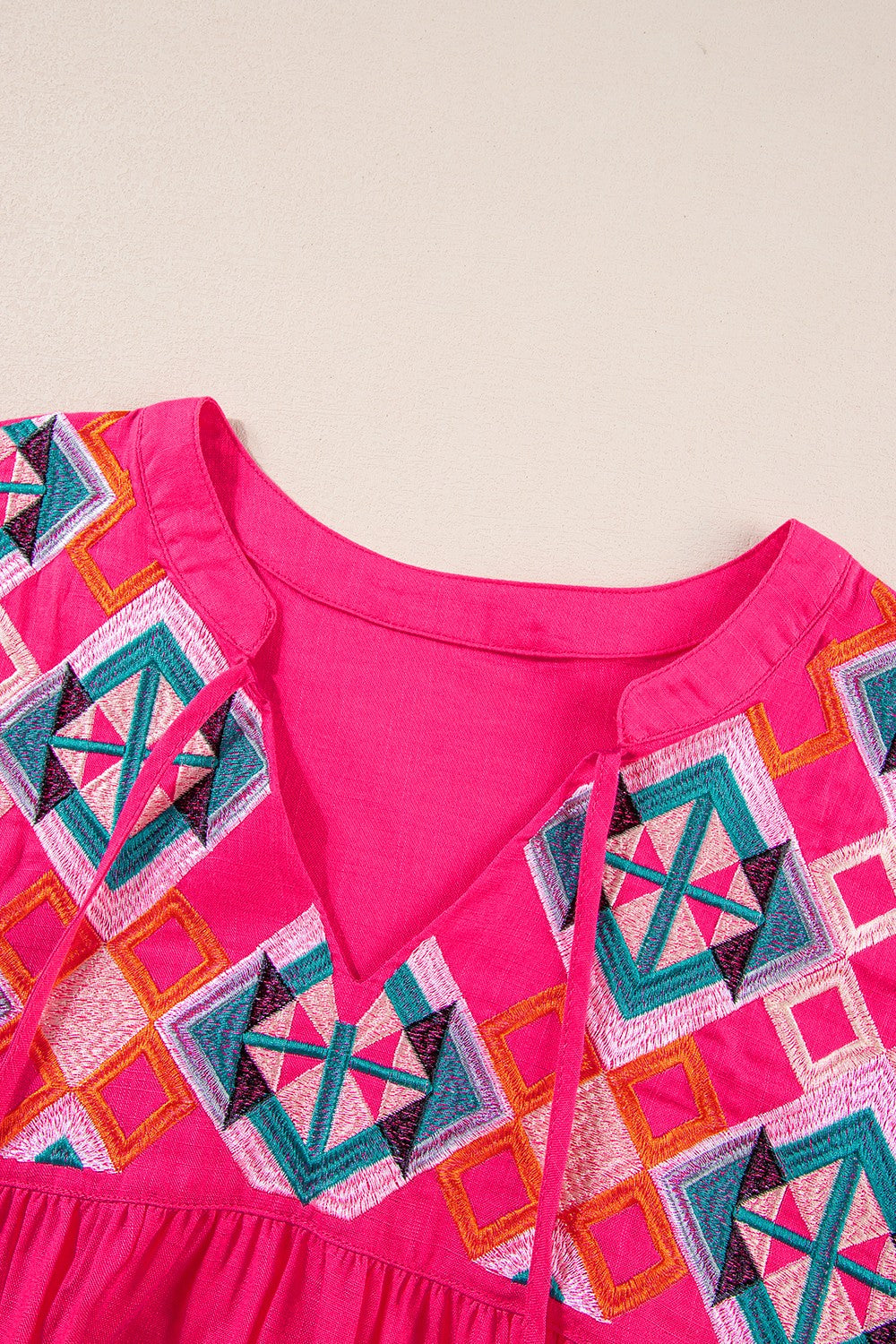 Geometric Embroidered Tassel Tie Neck Cotton Blouse - MARIGOLD