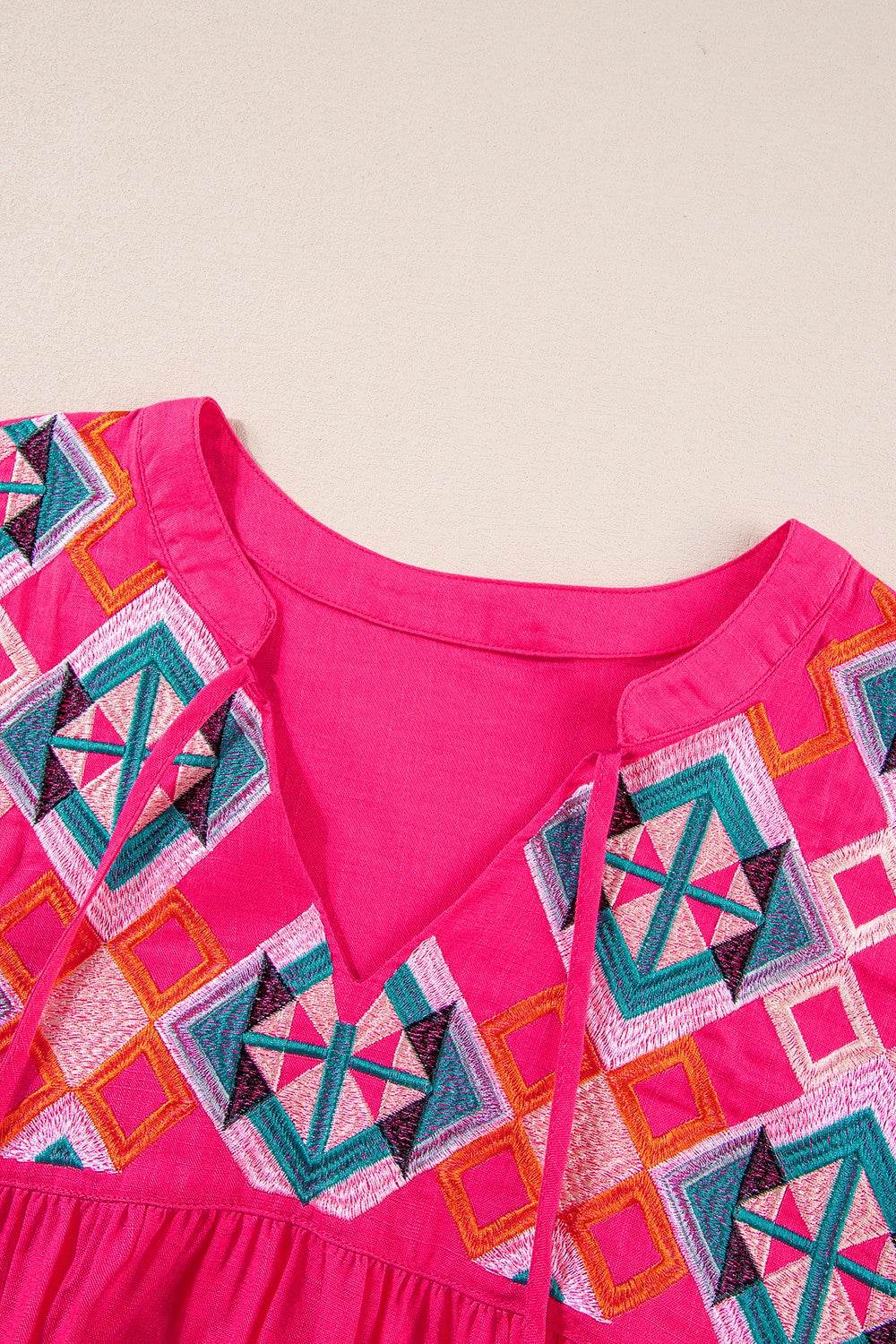 Geometric Embroidered Tassel Tie Neck Cotton Blouse - MARIGOLD