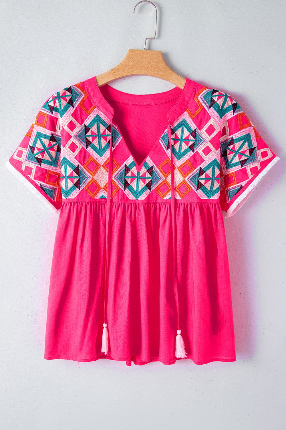 Geometric Embroidered Tassel Tie Neck Cotton Blouse - MARIGOLD