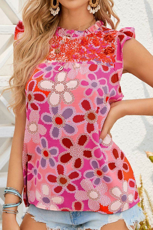 Embroidered Detail Floral Ruffle Cap Sleeve Blouse - MARIGOLD