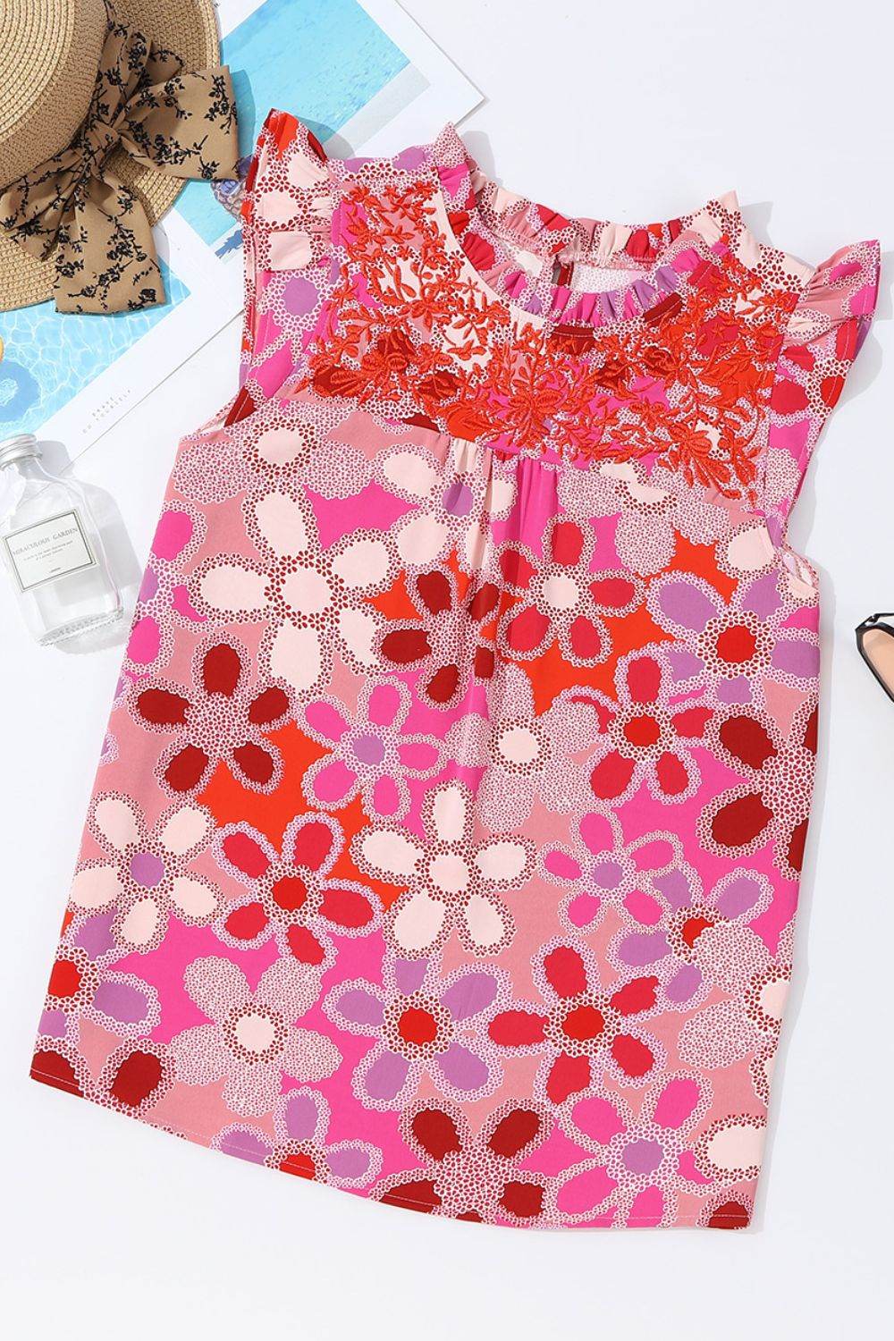 Embroidered Detail Floral Ruffle Cap Sleeve Blouse - MARIGOLD