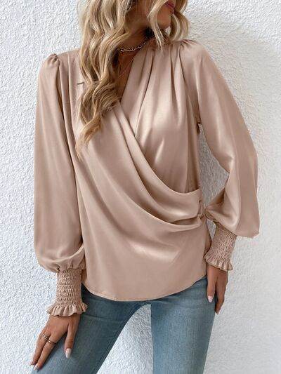 Surplice Smocked Lantern Sleeve Blouse - MARIGOLD