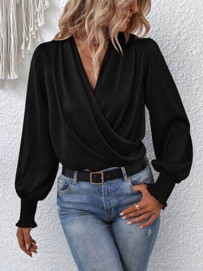Surplice Smocked Lantern Sleeve Blouse - MARIGOLD
