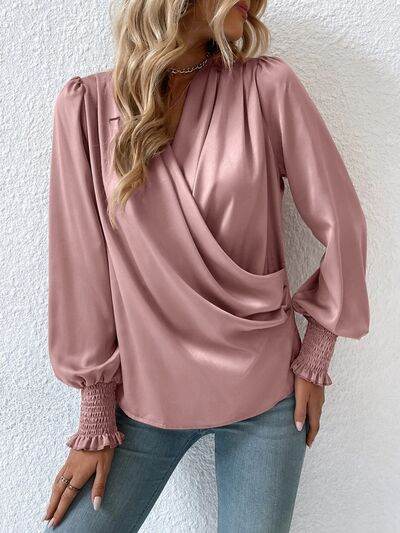 Surplice Smocked Lantern Sleeve Blouse - MARIGOLD
