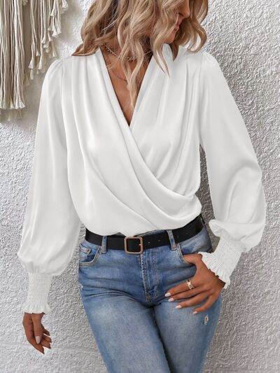 Surplice Smocked Lantern Sleeve Blouse - MARIGOLD