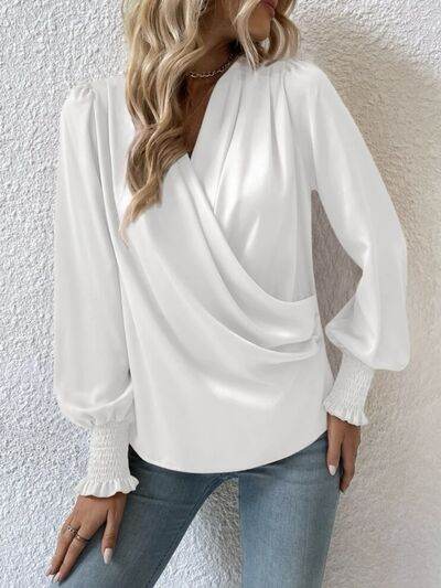 Surplice Smocked Lantern Sleeve Blouse - MARIGOLD