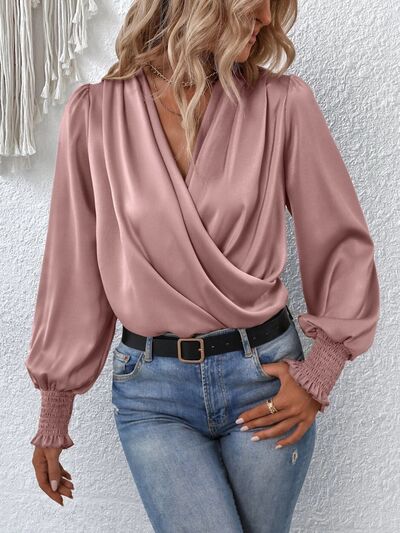 Surplice Smocked Lantern Sleeve Blouse - MARIGOLD