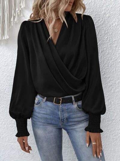 Surplice Smocked Lantern Sleeve Blouse - MARIGOLD