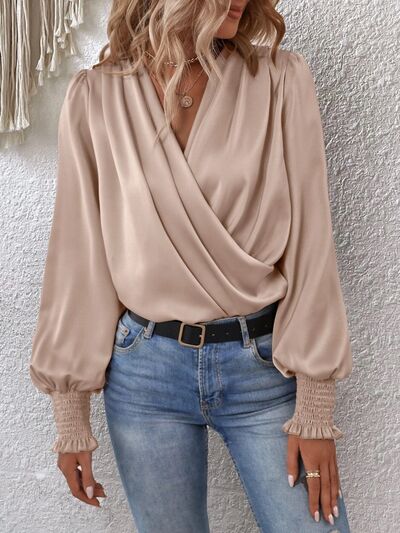 Surplice Smocked Lantern Sleeve Blouse - MARIGOLD