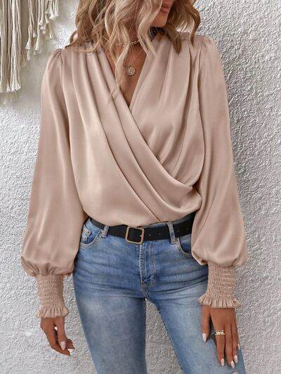 Surplice Smocked Lantern Sleeve Blouse - MARIGOLD