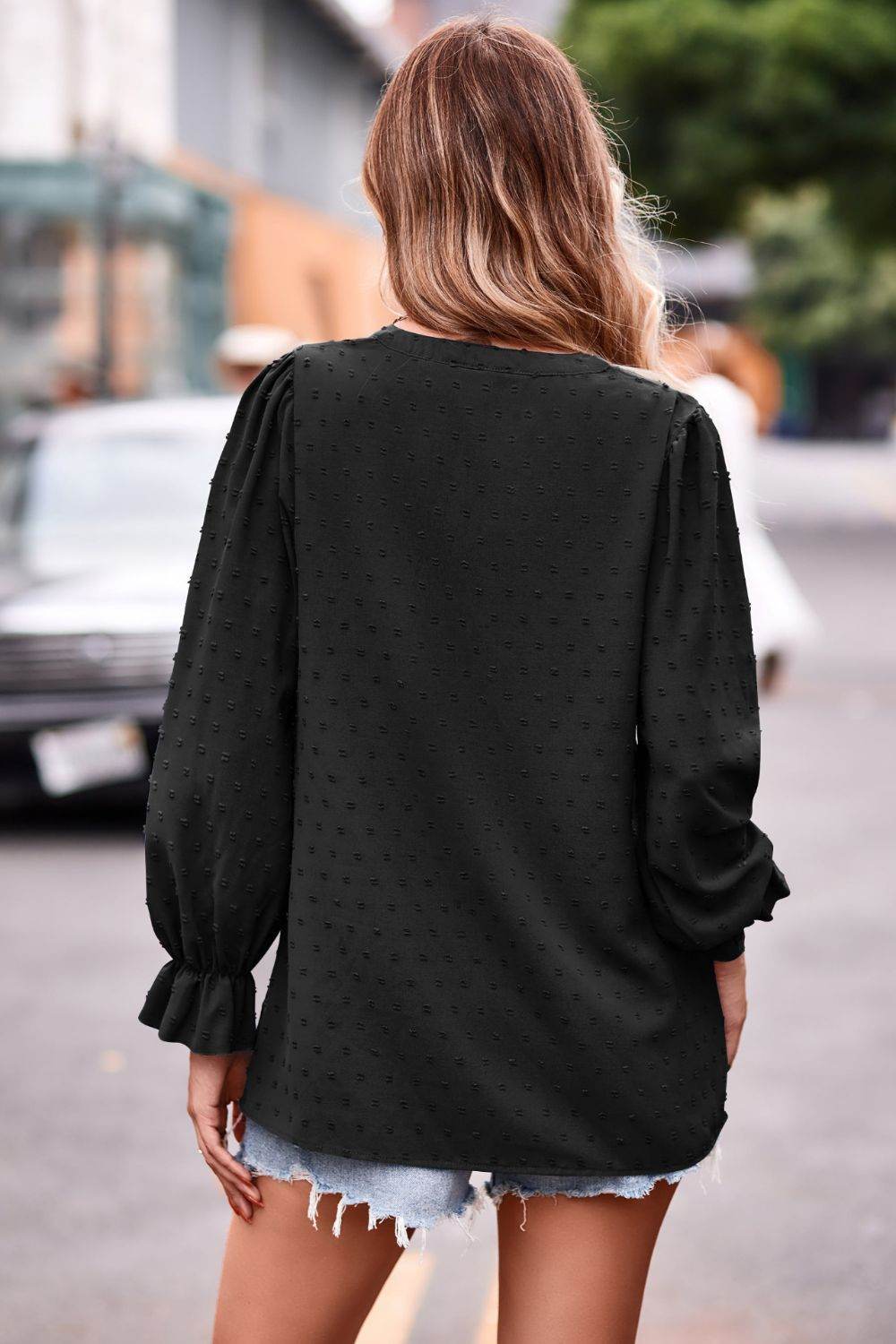 Swiss Dot Notched Neck Flounce Sleeve Blouse - MARIGOLD