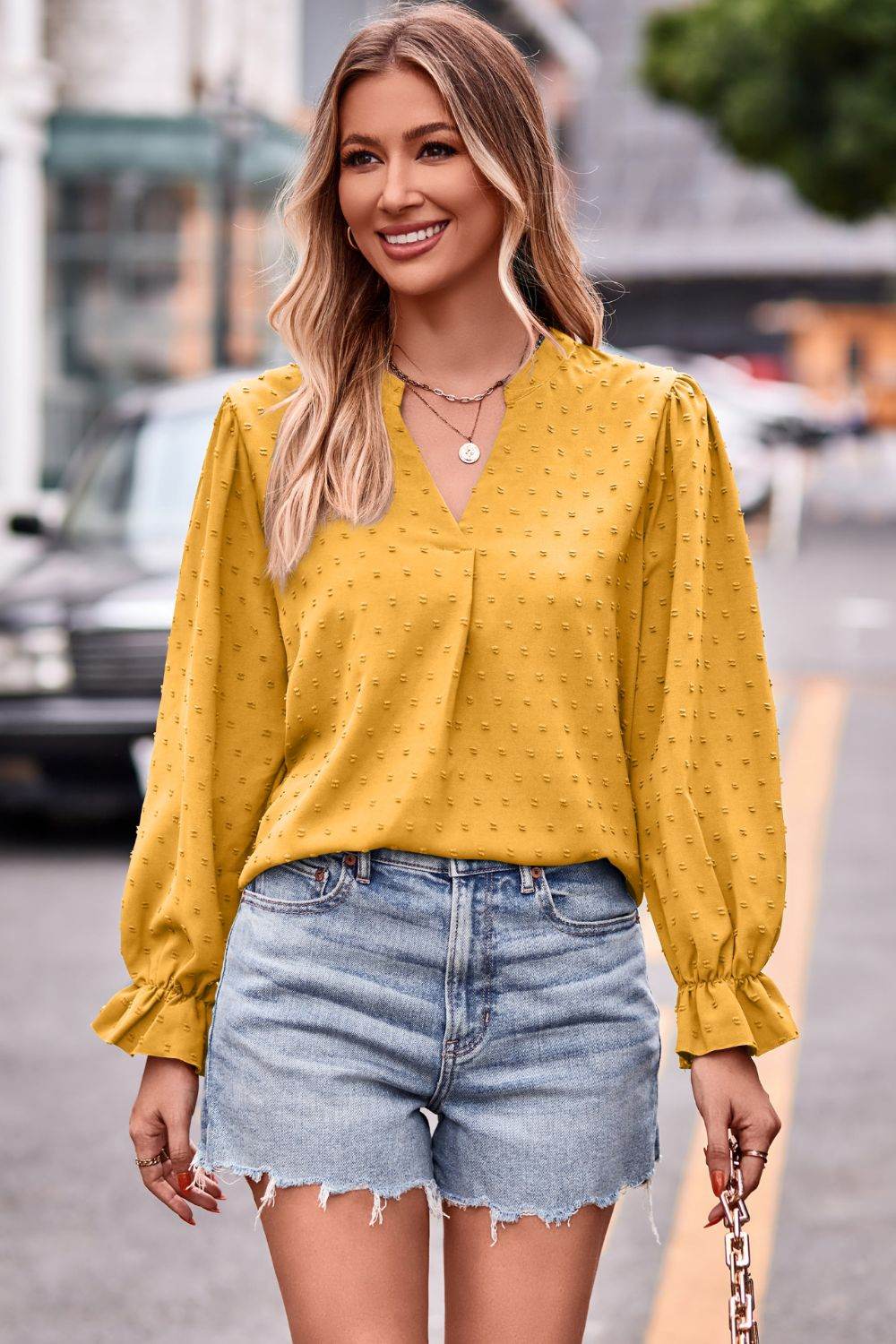 Swiss Dot Notched Neck Flounce Sleeve Blouse - MARIGOLD